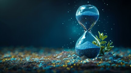 blue hourglass on abstract blurred background time concept