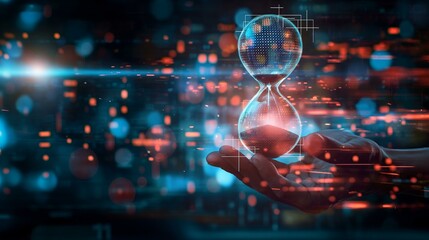 time management concept, Hand holding digital glowing hourglass