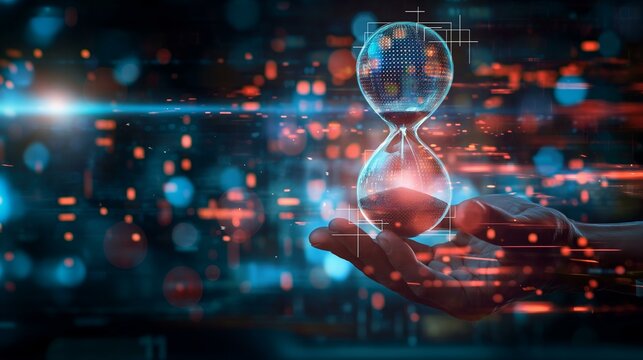 time management concept, Hand holding digital glowing hourglass
