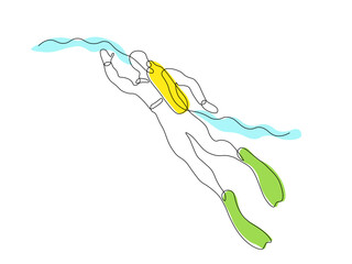 Abstract scuba diver, diver swimming underwater with scuba gear, continuous single line art hand drawing sketch