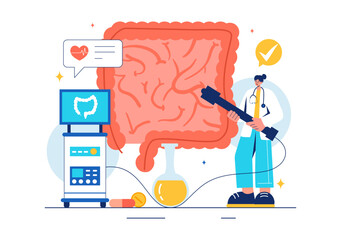 Vector Illustration of a Proctologist or Colonoscopy with a Doctor Examining the Colon and Showing Harmful Bacteria in a Flat Style Cartoon Background