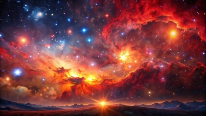 Vibrant celestial landscape featuring a massive, fiery red nebula suspended amidst a glittering expanse of stars and cosmic darkness.