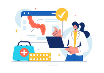 Vector Illustration of a Proctologist or Colonoscopy with a Doctor Examining the Colon and Showing Harmful Bacteria in a Flat Style Cartoon Background