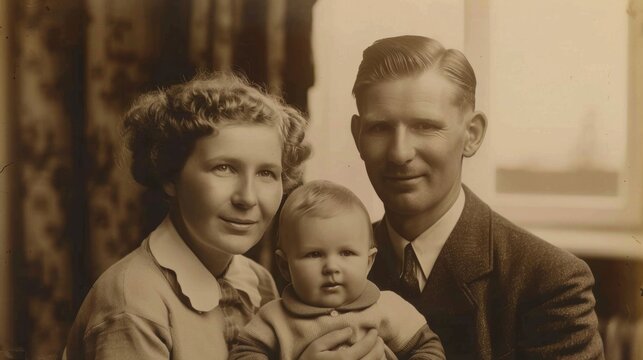 Sepia-toned vintage family portrait featuring a father, mother, and baby, evoking a sense of nostalgia.