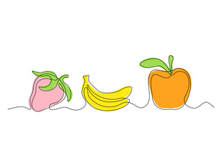 fruit set, banana, apple, strawberry,continuous single line art hand drawing sketch