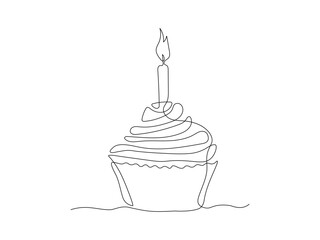 birthday cake, cupcake cake with candle. continuous single line art hand drawing sketch