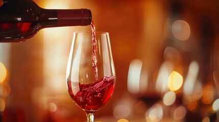 A bottle of red wine is being poured into a glass, creating a rich and elegant ambiance perfect for social occasions.