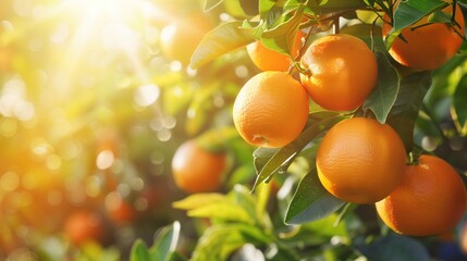 Ripe Oranges Hanging on Tree Branch in Morning Sunlight