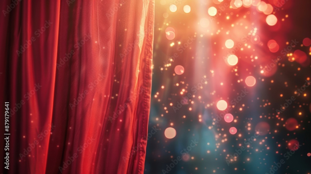 Poster a luxurious red stage curtain partially open with sparkling lights in the background, creating an en