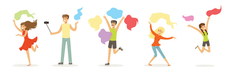 Indian People Characters Celebrating National Holiday of Spring and Colors Vector Set