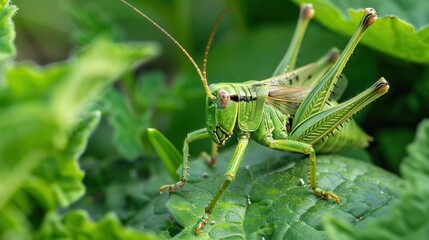 Fototapeta premium Close-Up of a Green Grasshopper Perched on a Leaf in a Lush Garden, Showcasing the Intricacies of Nature, Insect Life, and the Beauty of Small Creatures in Their Natural Habitat