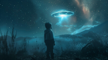 Obraz premium A young boy spots a bright UFO in a starry night landscape, filled with wonder, curiosity and wonder.