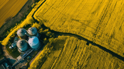 Fototapeta premium A modern biogas plant and farm among blooming rapeseed fields, presenting the use of renewable energy from biomass. A bird's eye view of modern agriculture.