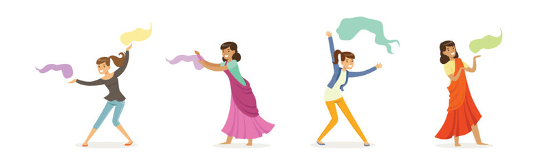 Indian People Characters Celebrating National Holiday of Spring and Colors Vector Set