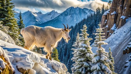 Obraz premium Majestic mountain goat solitary navigates through deep pristine snow-covered mountainous terrain with steep rocky cliffs and frosty evergreen trees.