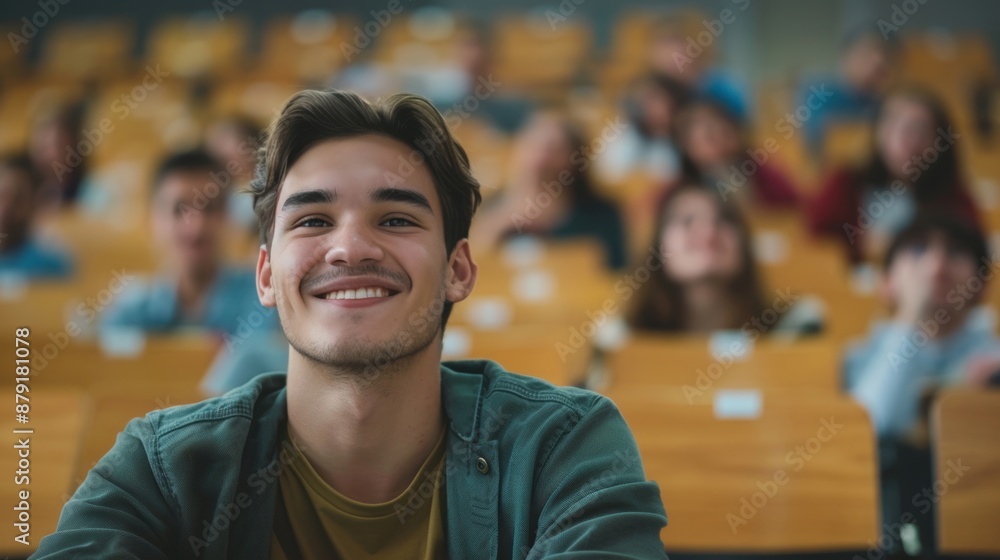 Poster a smiling student sits in a university lecture hall, surrounded by classmates, eager and ready to le