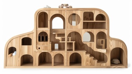 A wooden cat playground with various levels, tunnels, and climbing structures is arranged with toy animals and potted plants, creating a whimsical and playful environment