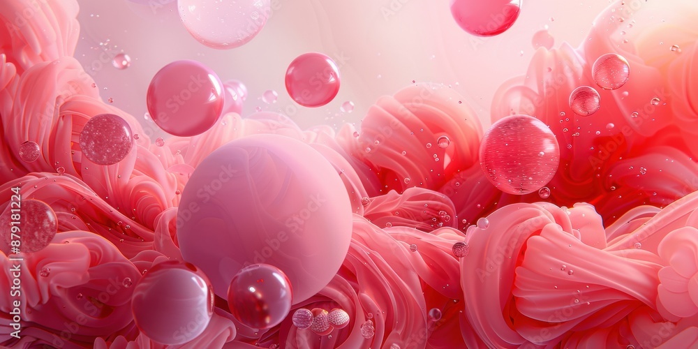Poster Vibrant abstract composition featuring pink bubbles and swirling shapes, creating a dynamic and playful visual effect.