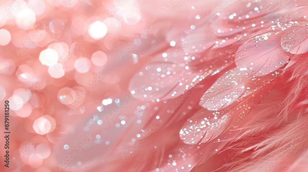 Poster close-up of sparkling pink feathers with glitter, creating a dreamy and ethereal visual effect.