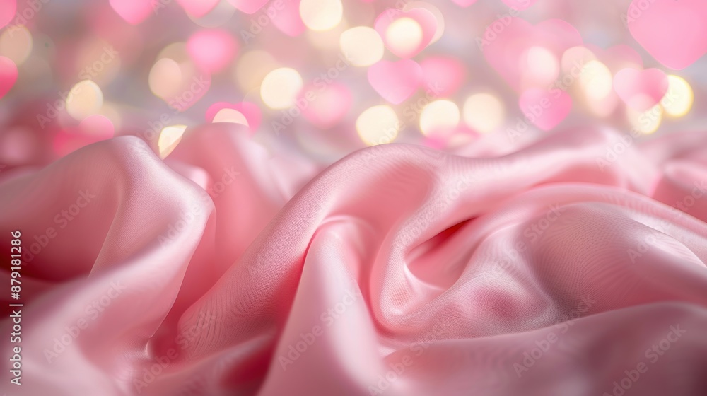 Poster soft pink fabric with a background of heart-shaped bokeh lights, creating a romantic and dreamy atmo