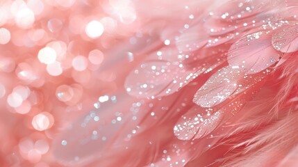 Close-up of sparkling pink feathers with glitter, creating a dreamy and ethereal visual effect.