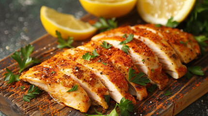 Chicken fillet, sliced ​​and whole, delicately seasoned with a mixture of spices and a juicy hint of lemon, presented on a wooden board.