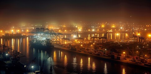 Fototapeta premium Lively night at the container port Its docks and illuminated cranes showcase the dynamic activity and logistics of world trade.