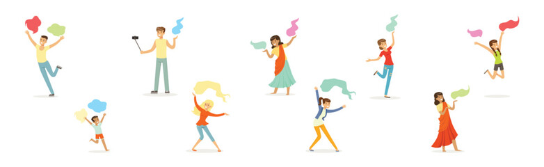 Indian People Characters Celebrating National Holiday of Spring and Colors Vector Set