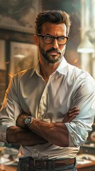 Businessman is posing in his office, wearing a white shirt and wristwatch, with his arms crossed. He has a beard and is wearing glasses