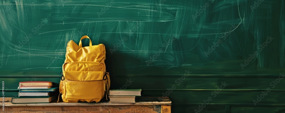 Poster yellow backpack on a desk with colorful books in a classroom, with an empty chalkboard in the backgr