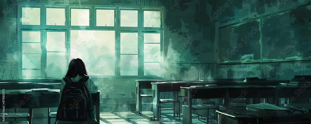 Poster digital illustration of a lonely student with backpack sitting at a desk in an empty and mysterious 
