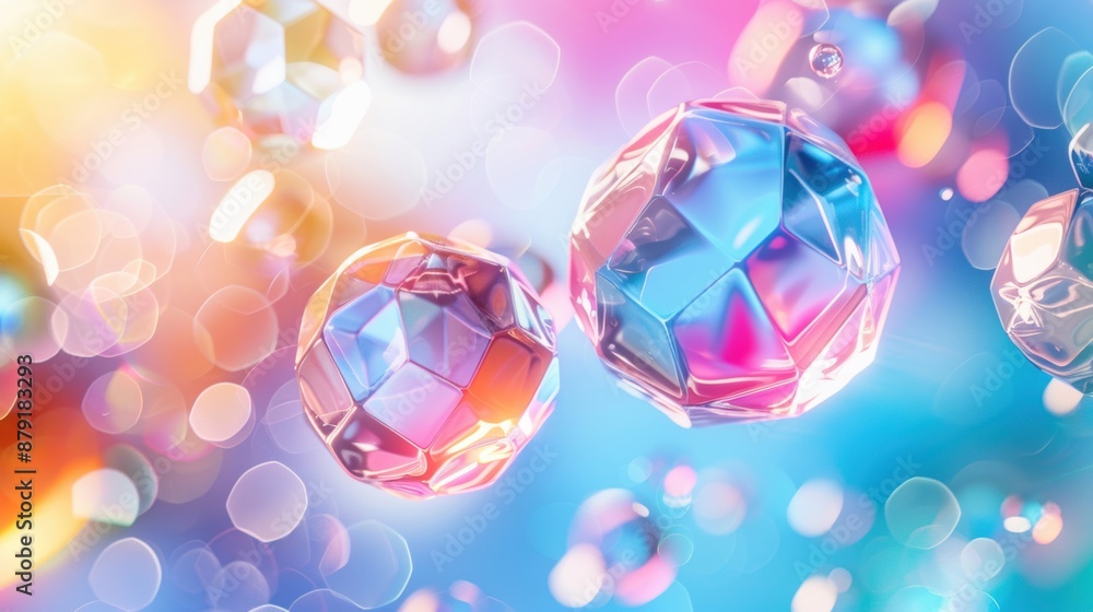 Poster beautiful crystal spheres in vibrant colors floating with bokeh lights in the background, creating a