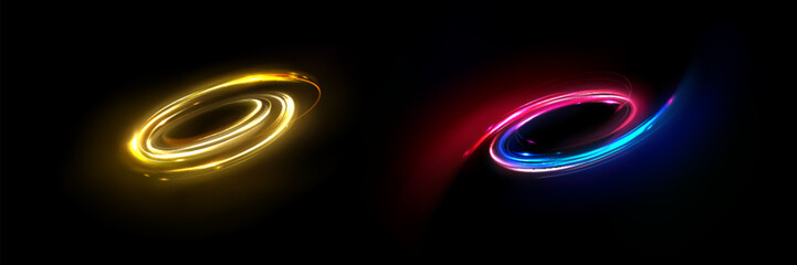 Abstract neon light swirls set isolated on black background. Vector realistic illustration of golden, blue, pink color vortex, magic energy speed effect, futuristic portal, shiny luminous trails