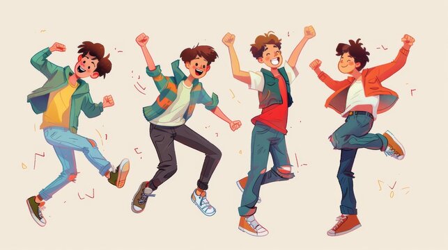 Five young men jumping for joy, celebrating a victory together, exuding infectious energy and excitement, conveying carefree happiness and positive vibes