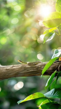 A Python snake with brown, black, and cream markings is coiled on a tree branch, its head raised in a defensive posture. The background is a blurred image of a lush green forest