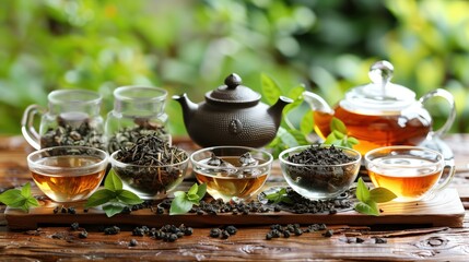 A beautifully arranged tea set with various types of tea leaves and brewed tea in glass cups