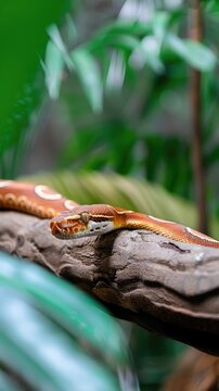 A Python snake with brown, black, and cream markings is coiled on a tree branch, its head raised in a defensive posture. The background is a blurred image of a lush green forest