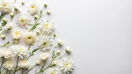 Sleek and modern, creamy white blooms sprawl across a pure white surface, inviting text overlay in this stylish, natural, flat-lay arrangement.