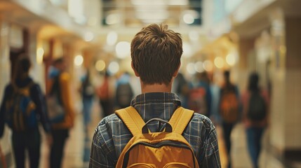 Young man with a backpack walks through a busy university hallway, lost in thought among a diverse crowd, symbolizing the start of a new student chapter