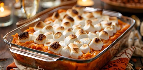 Close up of a casserole dish filled with sweet potato casserole topped with toasted marshmallows.
