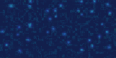 Abstract background chaotic letters with glow on blue. Digital banner data for secure and data concept.