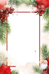 Christmas watercolor frame with winter branches, leaves and berries, illustration isolated on white background in vintage style. Festive frame for invitations or greeting cards.