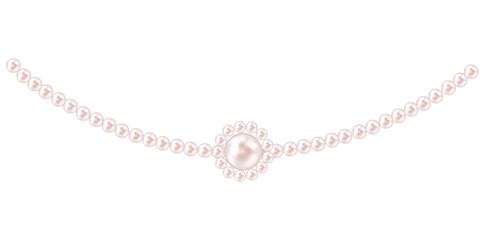 Stunning Pearl Necklace On White Background, Vintage Jewelry Beads Garland Vector Illustration.	