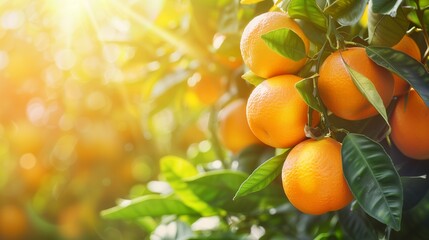 Ripe Oranges Hanging on Tree Branch in Morning Sunlight