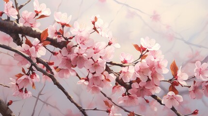 Pink cherry blossom in spring. Beautiful blossoming pink sakura flowers on branches.