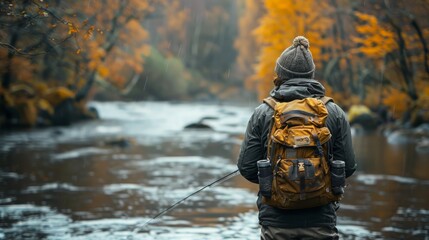A lone fisherman stands by a river with fall foliage in the background, holding a fishing rod.