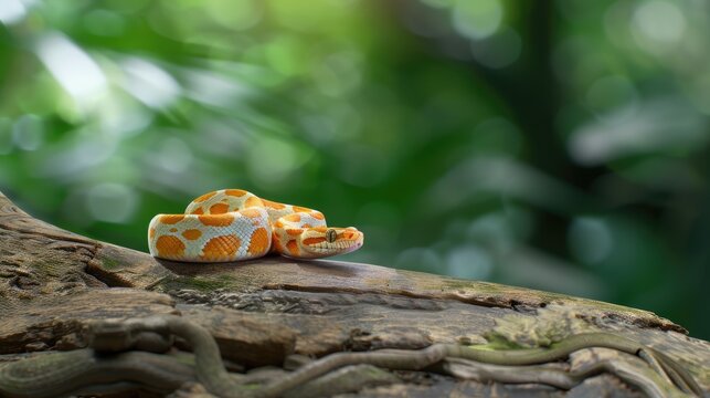 A Python snake with brown, black, and cream markings is coiled on a tree branch, its head raised in a defensive posture. The background is a blurred image of a lush green forest