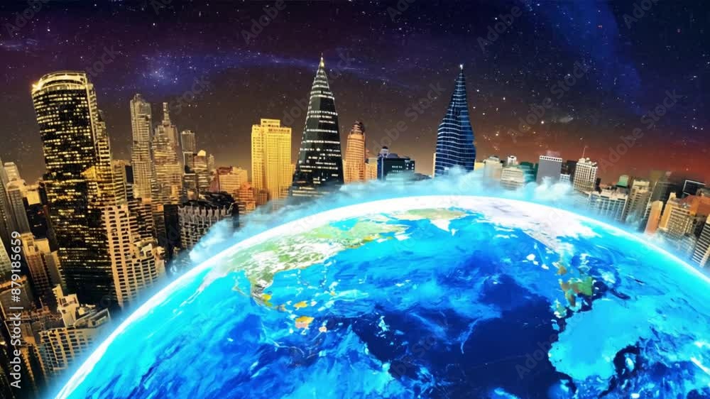 Poster an artwork depicting the intricate movement of 5g signals encircling the planet like a celestial bal