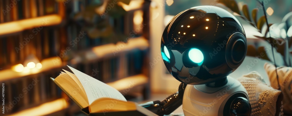 Poster cute robot is sitting and reading a book in a library, illustrating the concept of artificial intell