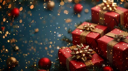 Christmas banner. Realistic gold gift box with red bow, pine branches, golden stars and glitter confetti. Xmas background, cover, poster, greeting cards, headers website.